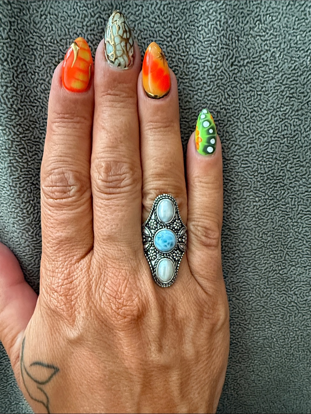 Silver Boho Three-Stone Larimar Ring - Blue and White Accents